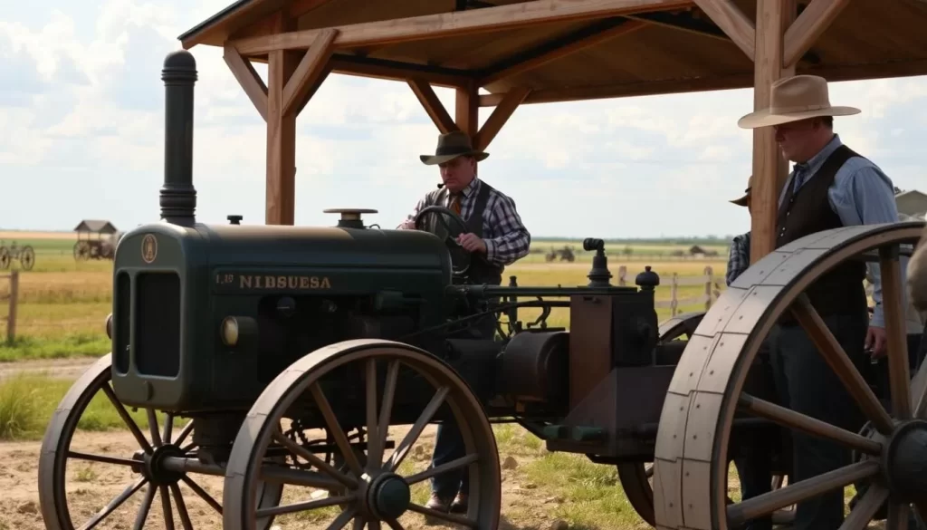 Generate an image of a 1920s Nebraska farm with costumed interpreters and vintage farm equipment.