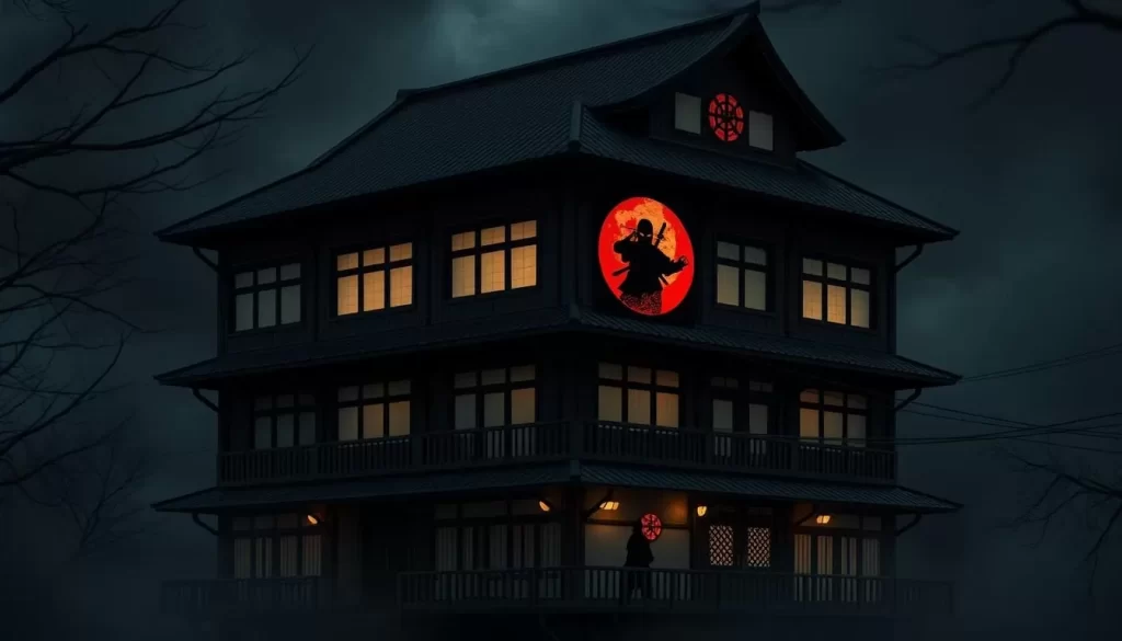 Generate an image of a 4-story black building with a ninja theme on the 4th floor.