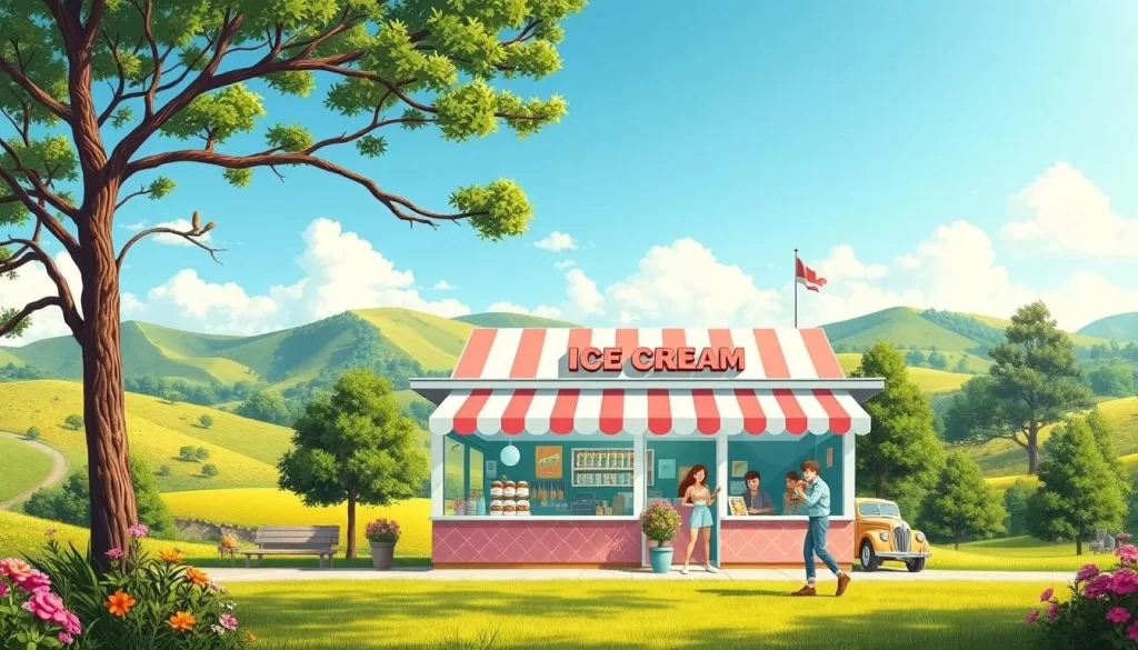 Generate an image of a 50s-style ice cream shop with a beautiful natural landscape in the surrounding area.