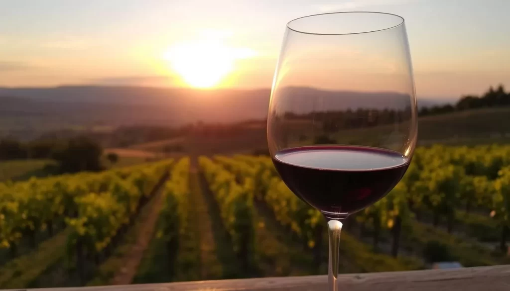 Generate an image of a Bermet wine tasting experience in Sremski Karlovci, featuring a wine glass and a vineyard background.