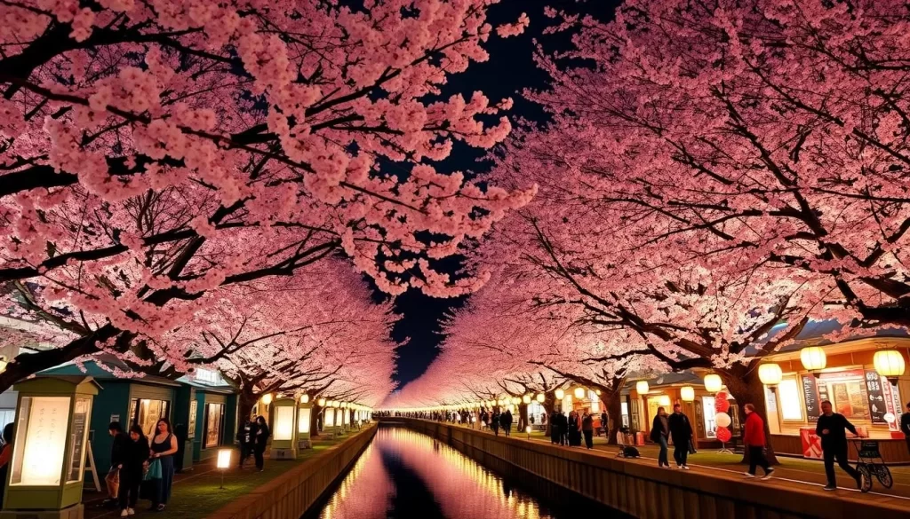Generate an image of a Cherry Blossom Festival in Kanagawa, highlighting the beautiful sakura trees and nighttime illuminations.