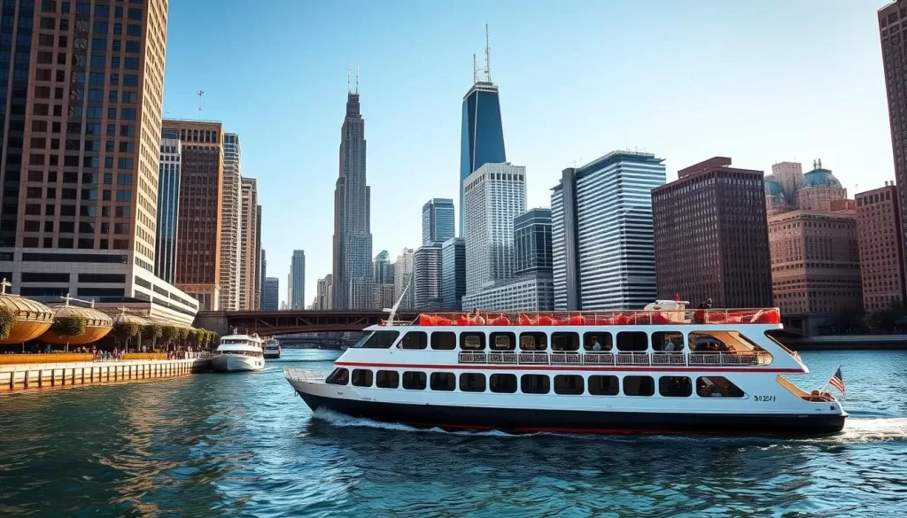 Generate an image of a Chicago architecture river cruise boat on the Chicago River