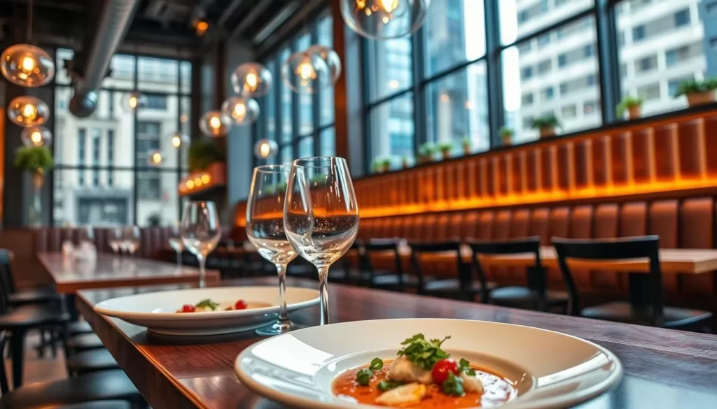 Generate an image of a Chicago restaurant serving experimental cuisine with unusual food pairings.