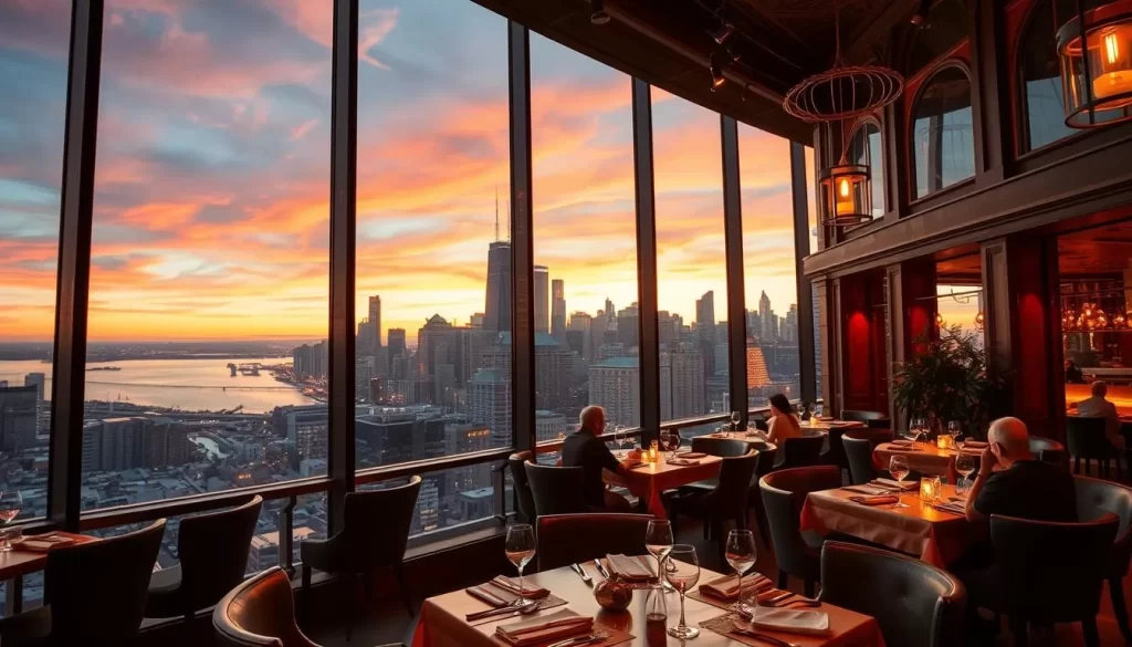 Generate an image of a Chicago restaurant with a breathtaking view of the city skyline