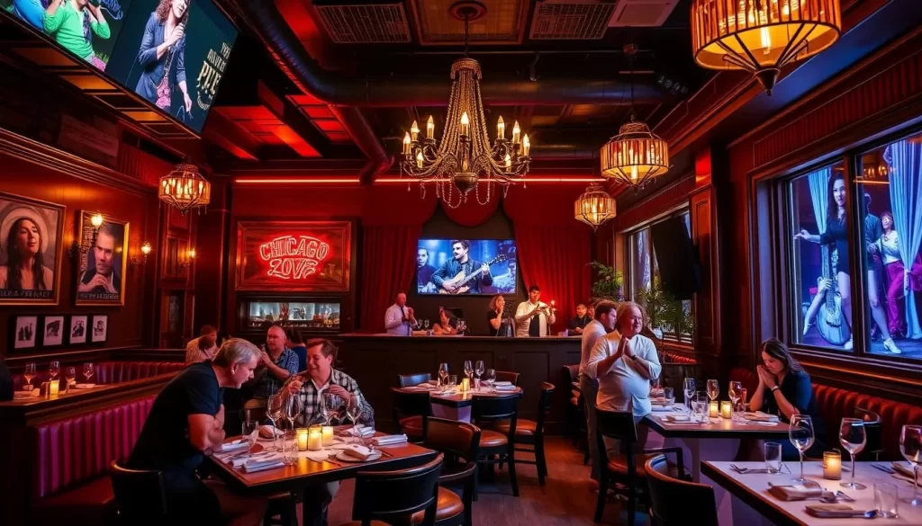 Generate an image of a Chicago restaurant with a theatrical performance