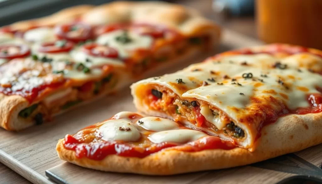 Generate an image of a Chicago stuffed pizza with an extra layer of dough on top of the fillings.