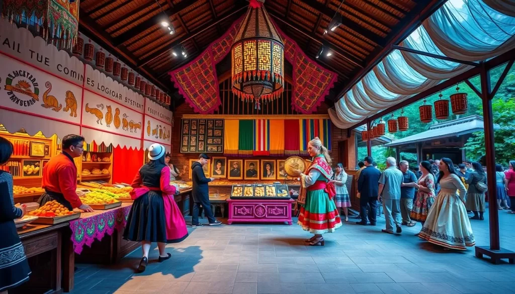 Generate an image of a Folkorama pavilion, showcasing traditional clothing, food, and dance from a specific culture.