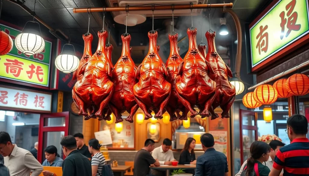 Generate an image of a Hong Kong-style barbecue restaurant with hanging roast ducks.