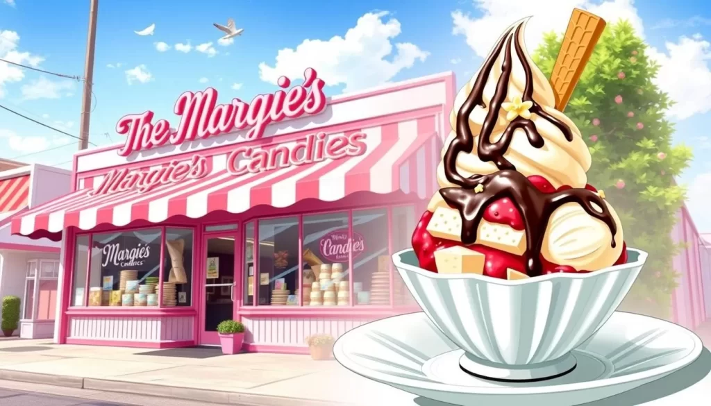 Generate an image of a Margie's Candies storefront or a classic sundae in a vintage clamshell dish.