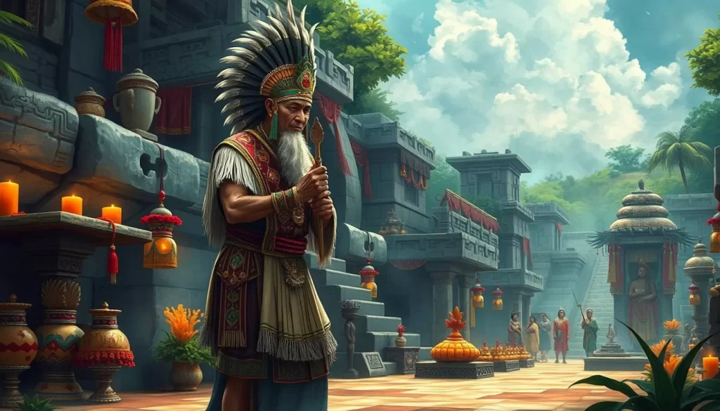 Generate an image of a Mayan priest performing a traditional ceremony.