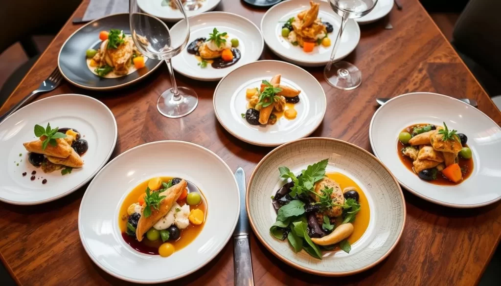 Generate an image of a Michelin-starred vegan tasting menu at Pied à Terre.