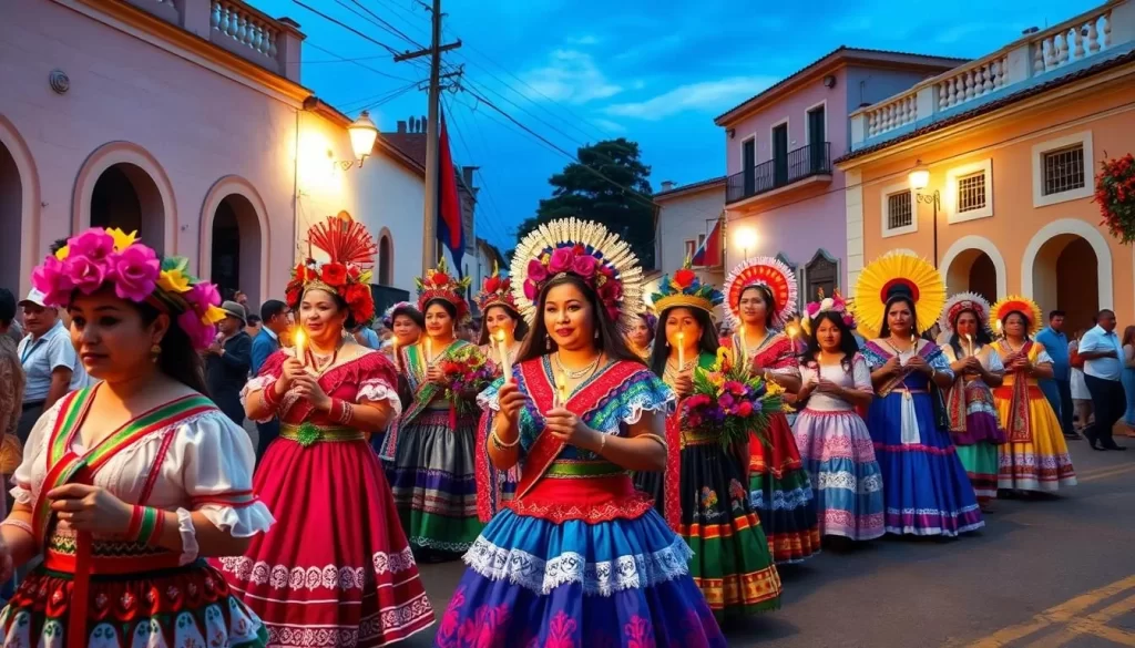 Generate an image of a Nicaraguan procession during La Purisima celebrations