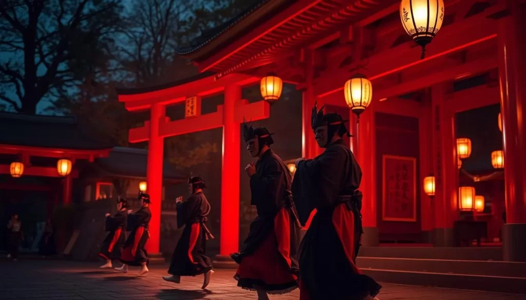 Generate an image of a Night Kagura performance at Inari Shrine, with masked dancers under the light of lanterns.