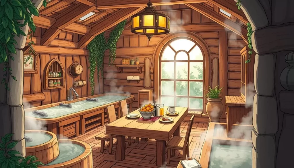 Generate an image of a Russian bathhouse with a dining area