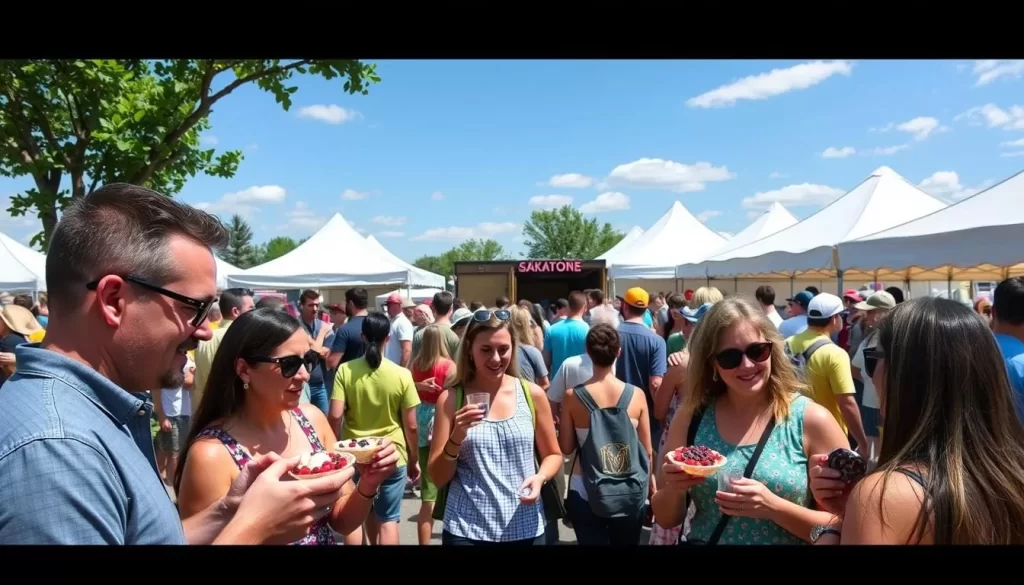 Generate an image of a Saskatoon berry festival scene with people enjoying berry-based desserts and local entertainment.