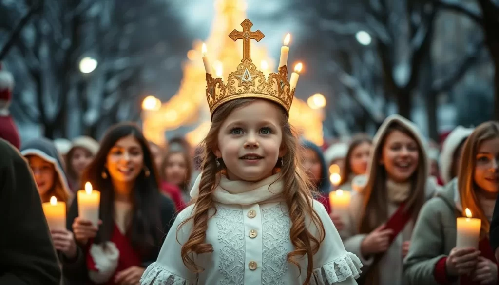 Generate an image of a St. Lucia Day procession with a girl wearing a crown of candles, surrounded by others singing.