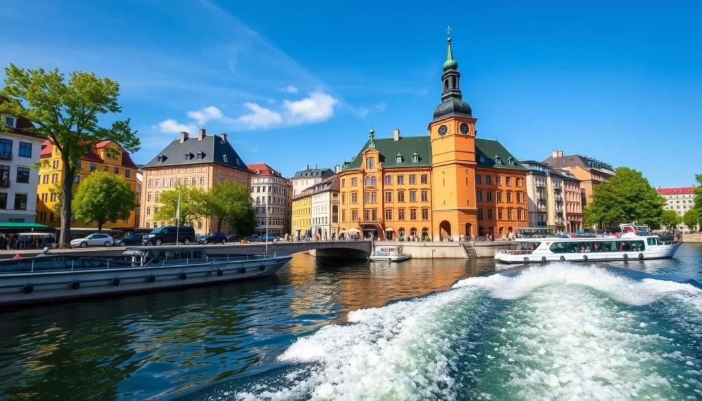 Generate an image of a Stockholm boat tour navigating through the city's picturesque canals.
