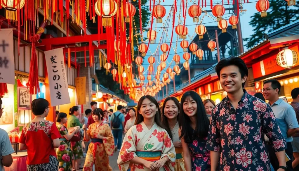 Generate an image of a Tanabata festival in Wakayama, with vibrant decorations and happy participants.