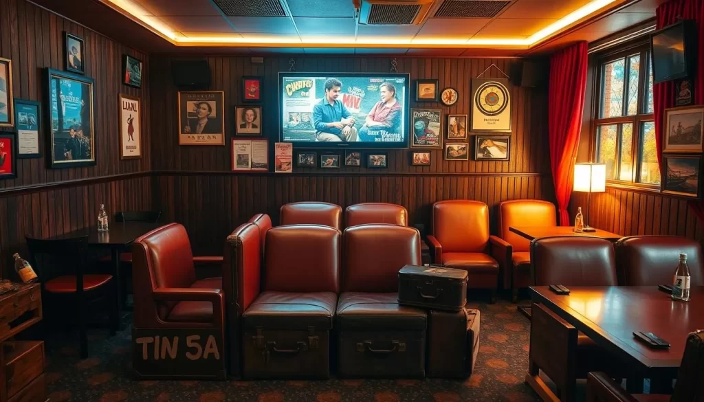 Generate an image of a Thai cinema-themed restaurant with movie theater seats and vintage suitcases as tables