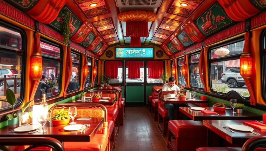 Generate an image of a Thai restaurant with a dining area designed to look like the interior of a bus.