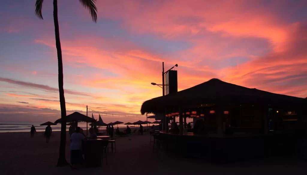 Generate an image of a beach bar in El Tunco during sunset.