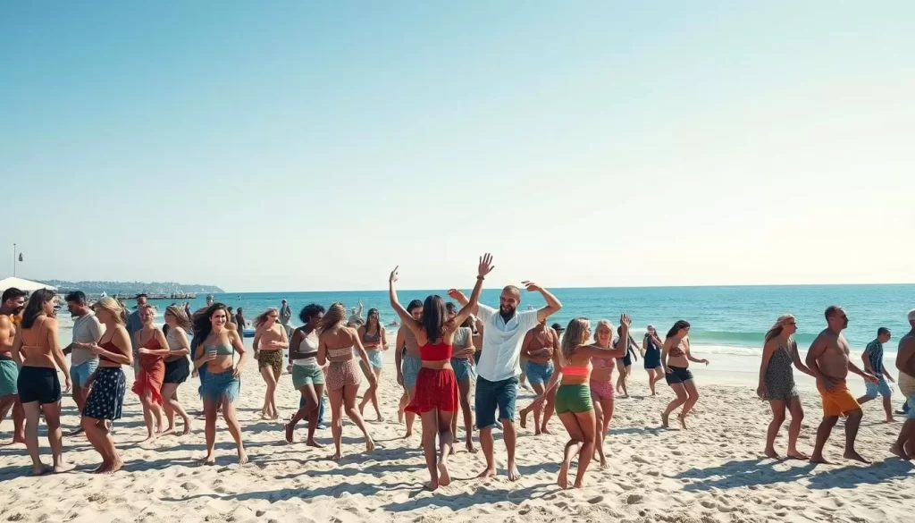 Generate an image of a beach festival with people dancing on the sand and the Baltic Sea in the background.