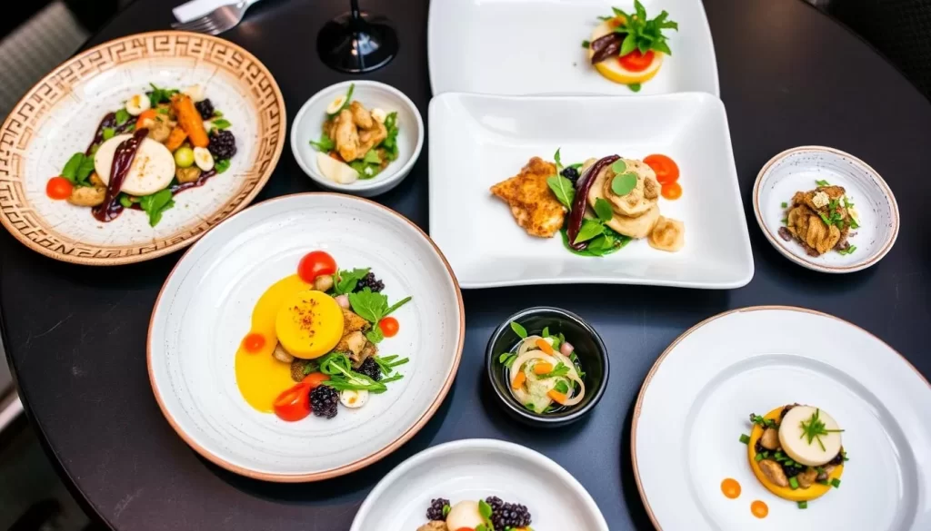 Generate an image of a beautifully arranged, eight-course vegan tasting menu at Plates.