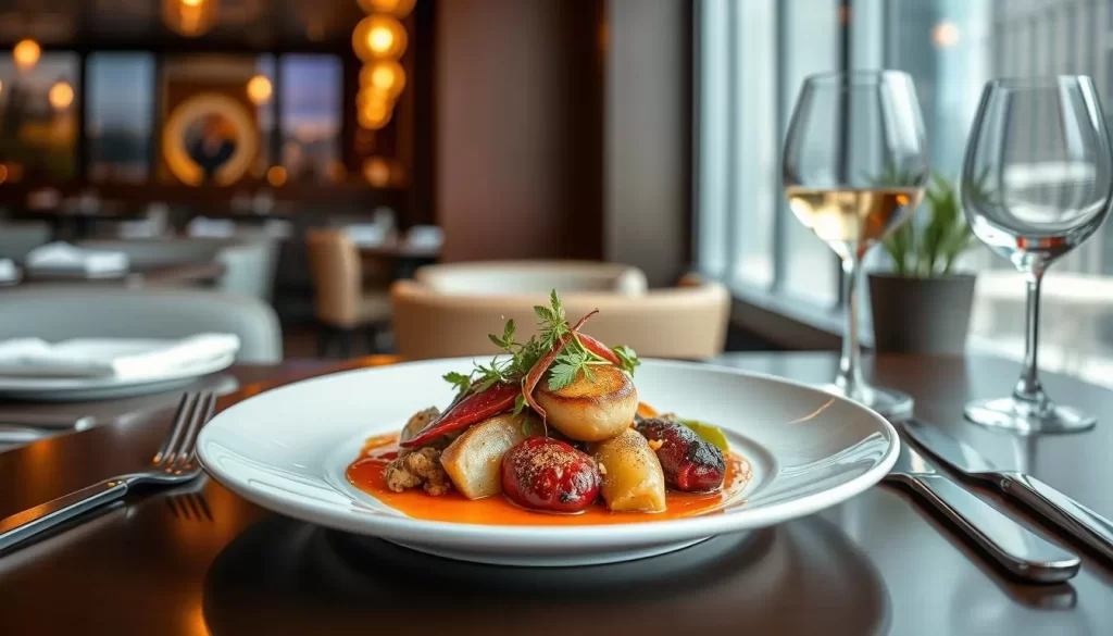Generate an image of a beautifully plated dish at a trendy Chicago restaurant