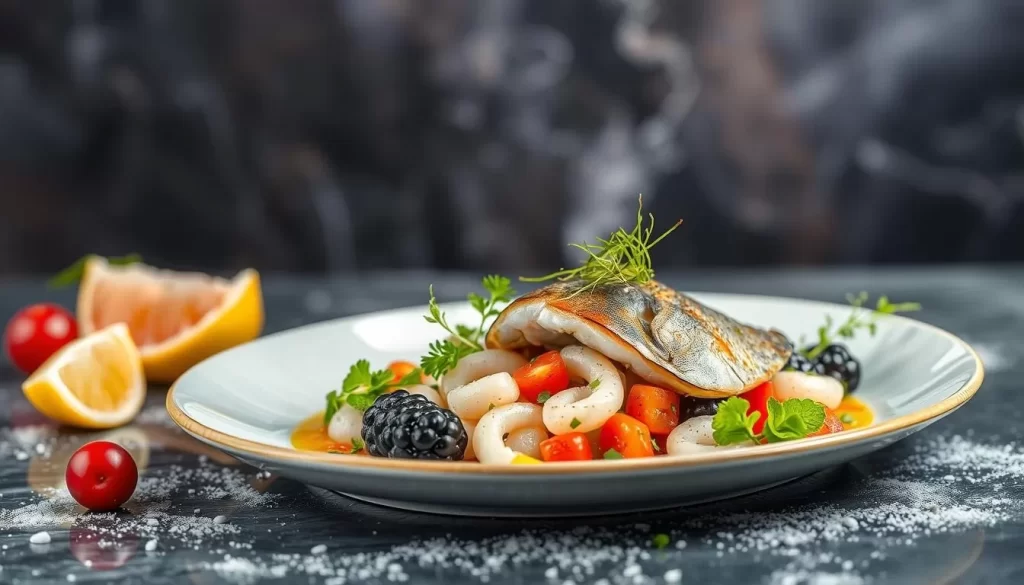 Generate an image of a beautifully presented seafood dish with a focus on freshness and sustainability.