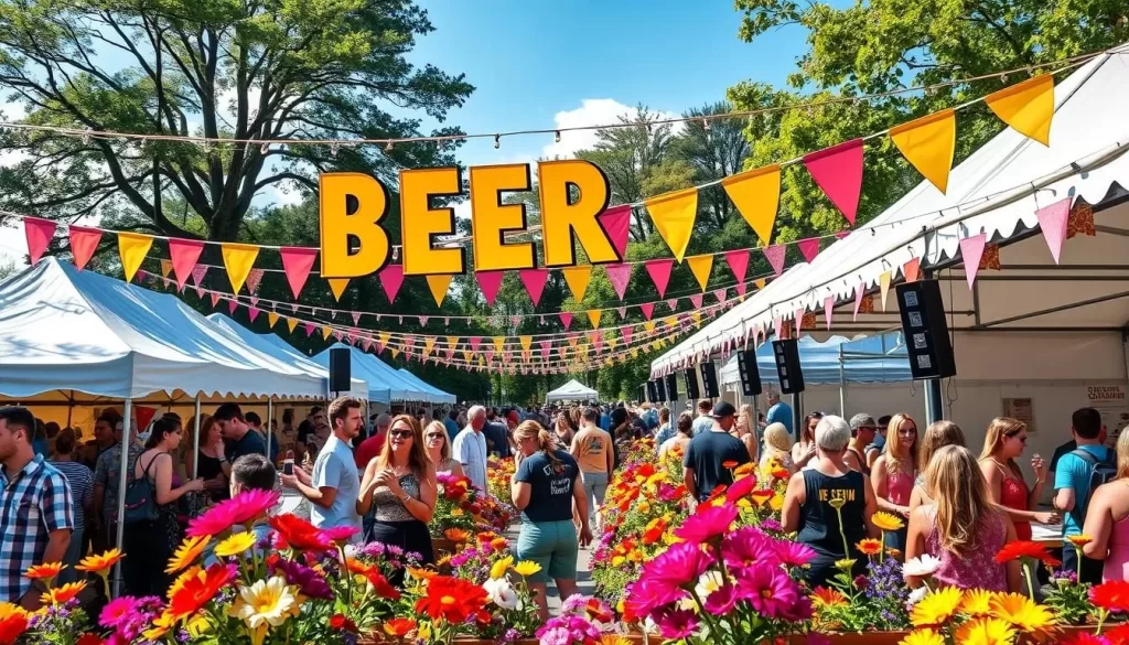 Generate an image of a beer festival with flowers