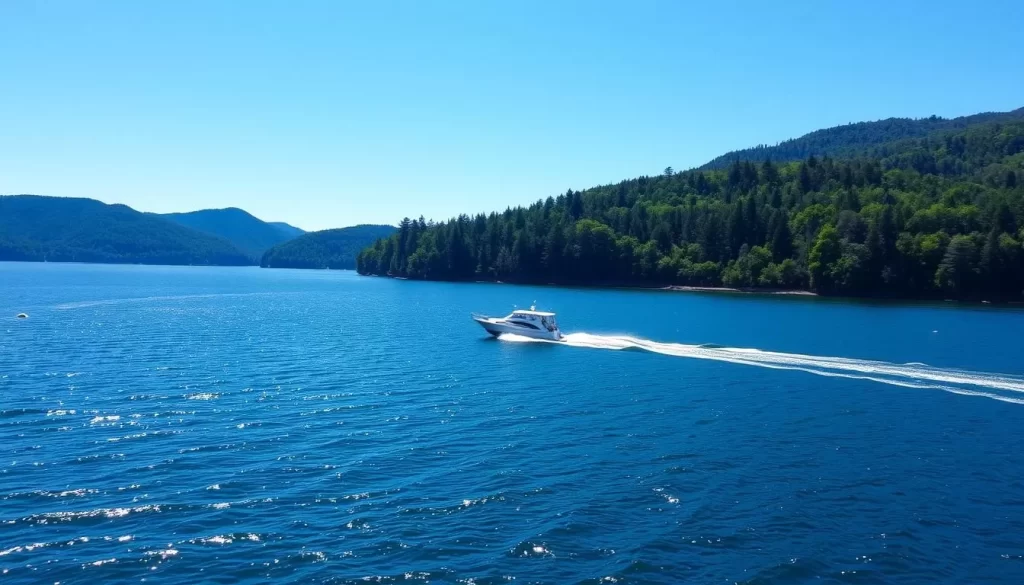 Generate an image of a boat cruising on Lake Jocassee