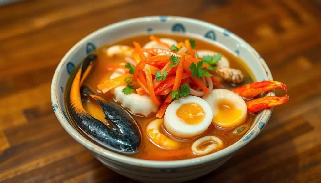 Generate an image of a bowl of seafood in broth with pickled vegetables.