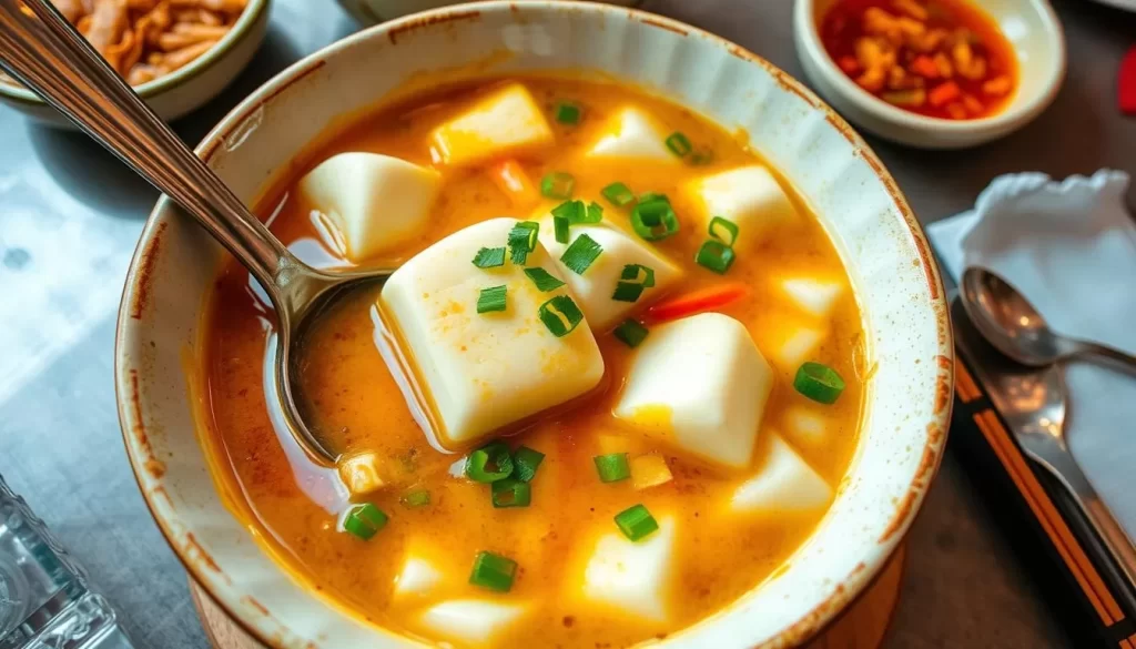 Generate an image of a bowl of soft tofu stew at Surawon Tofu House.