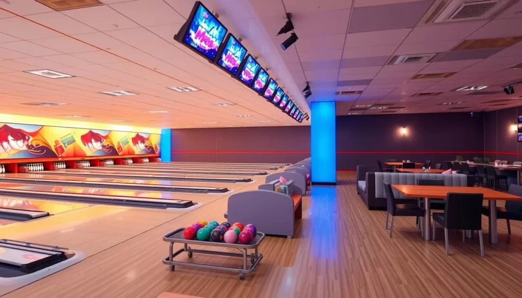 Generate an image of a bowling alley with 16 lanes and a family-friendly lounge.