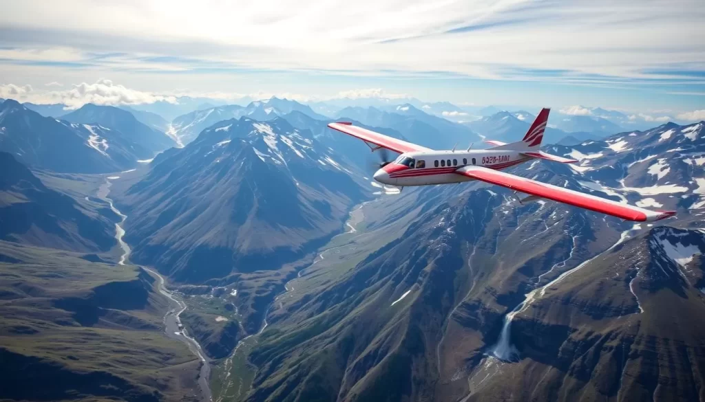 Generate an image of a bush plane flying over the Mackenzie Mountains, with the Cirque of the Unclimbables and Virginia Falls visible below.