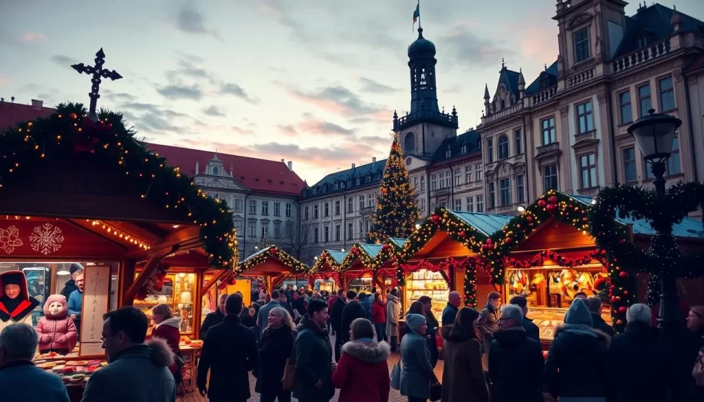 Generate an image of a bustling Christmas market in Krakow's Main Square, with festive stalls and decorations.