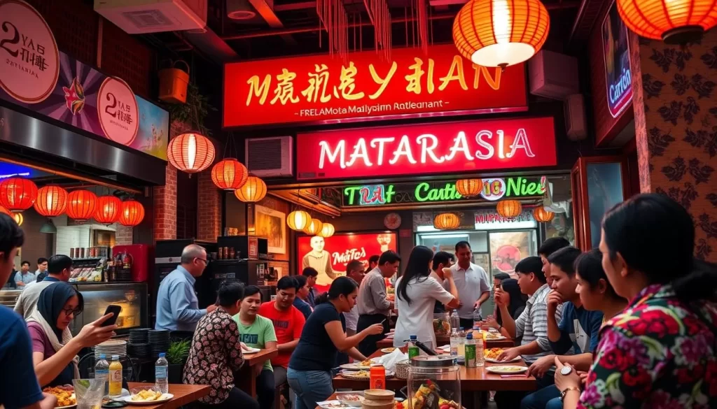 Generate an image of a bustling Malaysian restaurant in London, with vibrant colors and a lively atmosphere.
