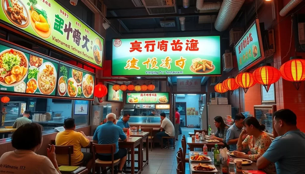 Generate an image of a bustling Vietnamese restaurant with a variety of Southeast Asian dishes on the menu.