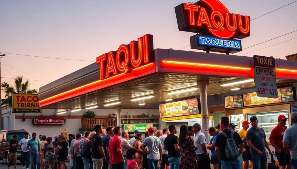Generate an image of a bustling gas station taqueria with a long line of customers waiting outside.