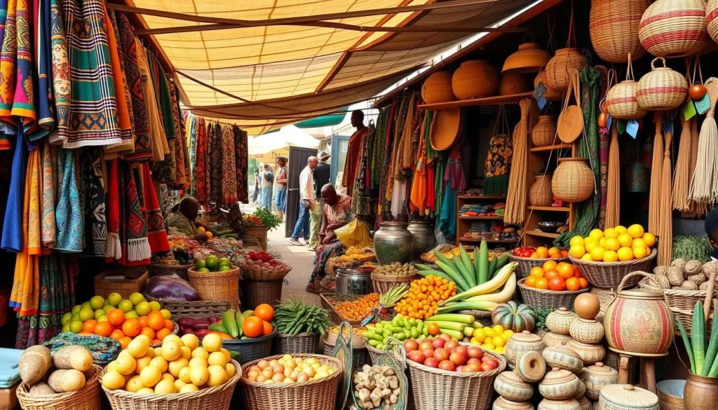 Generate an image of a bustling market scene with colorful African fabrics, fresh produce, and local handicrafts on display.