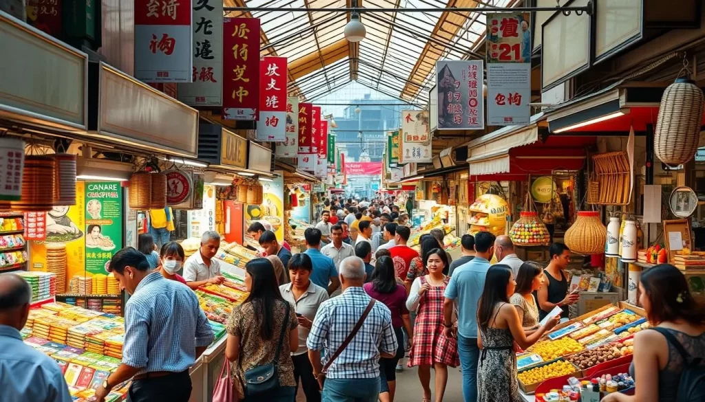 Generate an image of a bustling marketplace with stalls and people.