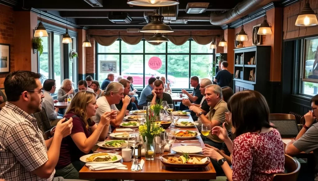 Generate an image of a bustling restaurant scene in Great Barrington, featuring diverse diners enjoying meals.