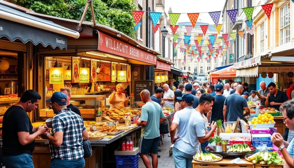 Generate an image of a bustling street food market in Brixton Village