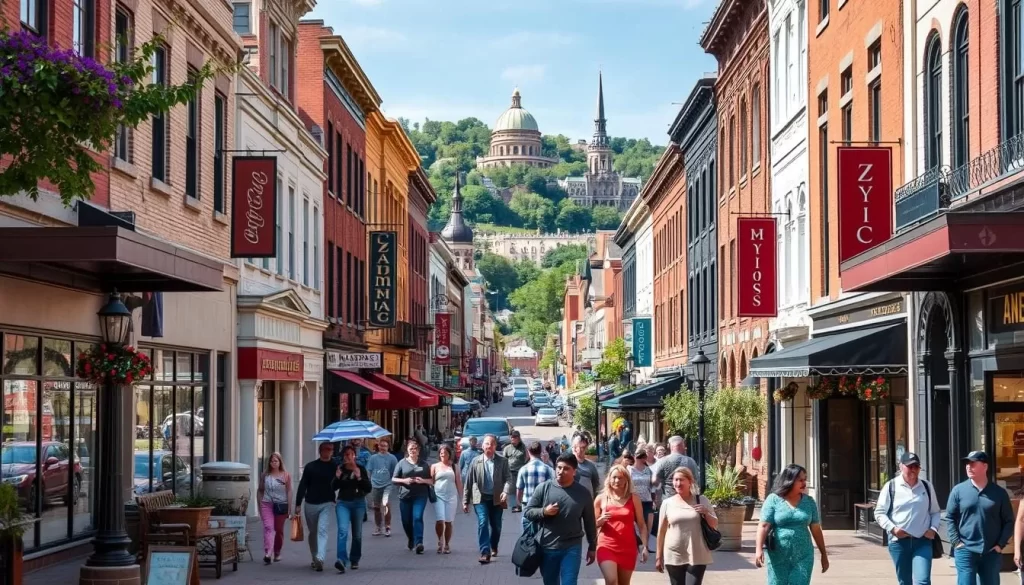 Generate an image of a bustling street in Downtown Harrisburg, highlighting the variety of shops and pedestrian activity.