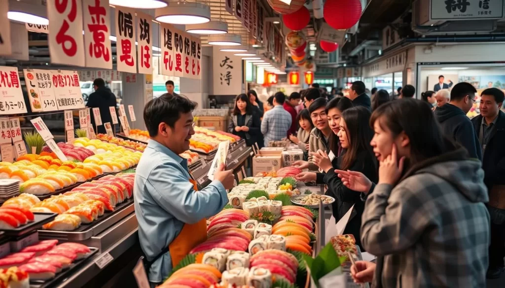 Generate an image of a bustling sushi stall at Tsukiji Outer Market.