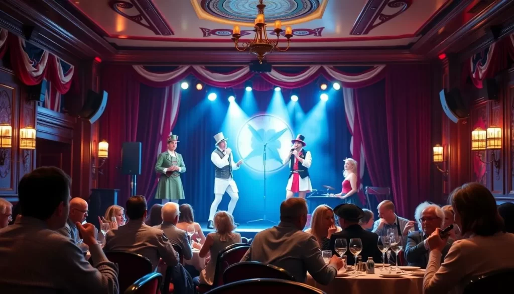 Generate an image of a cabaret stage with performers in British-themed costumes, with diners enjoying their meal in the foreground.