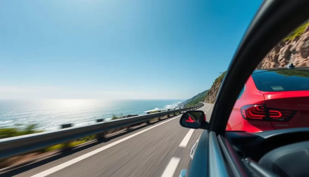 Generate an image of a car driving along the Chirihama Nagisa Driveway with the ocean in the background.
