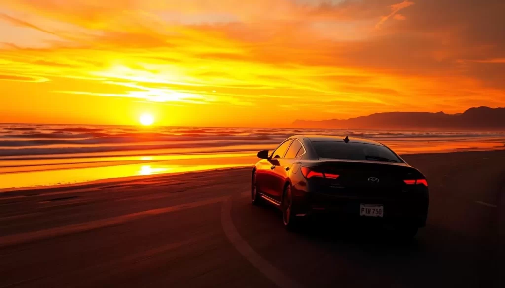 Generate an image of a car driving on Chirihama Beach Driveway during sunset.