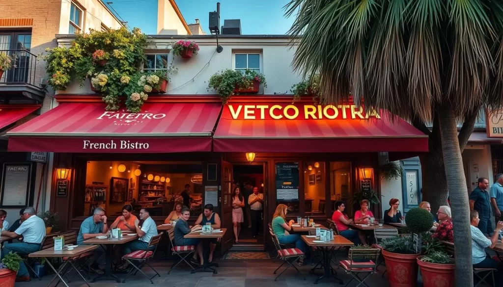 Generate an image of a charming French bistro in Venice, LA, with outdoor seating and a lively atmosphere.