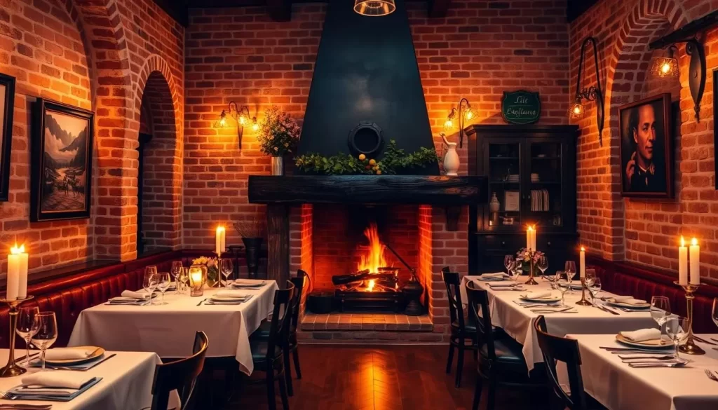 Generate an image of a charming Italian restaurant with exposed brick walls, a wood-burning fire, and candlelit tables.